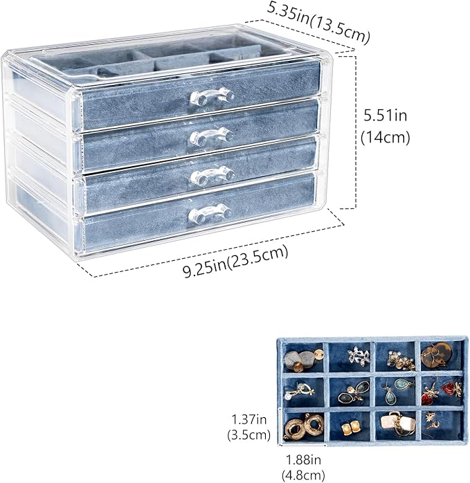 Lolalet Earring Holder Organizer Box Jewelry Storage with 4 Drawers, Clear Acrylic Stackable Earring Case with Adjustable Velvet Trays for Women on Dresser Vanity -Blue, 4 Layers