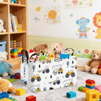 Rectangular Construction Vehicle Storage Basket for Boys,Collapsible Fabric Toy Storage Bin with Handles,Cute Excavator Tractor Truck Organizer for Kids Room,Nursery,Playroom,Closet (Excavator)
