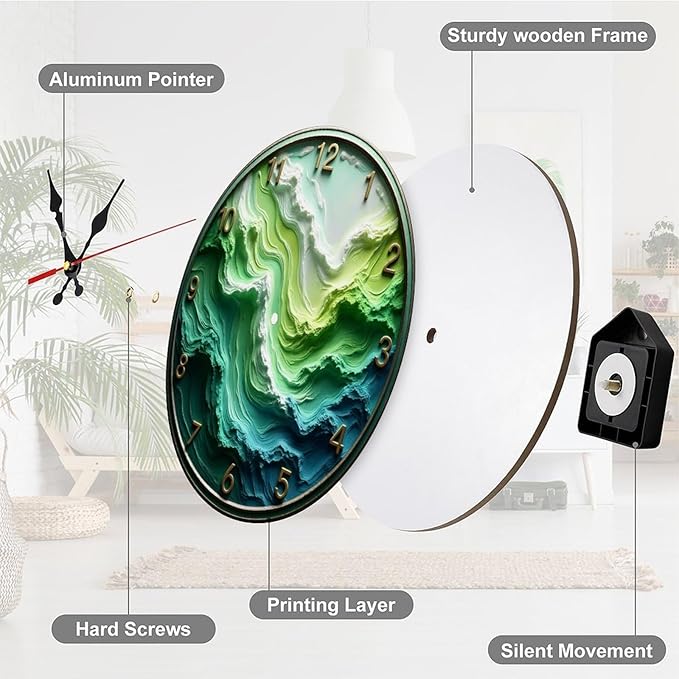 Wall Clock, Abstract Ocean Wave Non Ticking Wall Clocks Battery Operated, Teal Wooden Wall Clocks for Kitchen, Living Room, Bedroom, Office, Bathroom Decorative. 10 Inch
