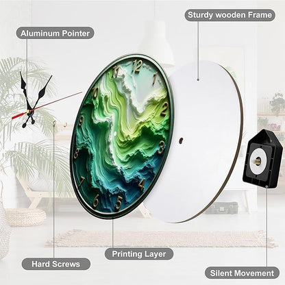 Wall Clock, Abstract Ocean Wave Non Ticking Wall Clocks Battery Operated, Teal Wooden Wall Clocks for Kitchen, Living Room, Bedroom, Office, Bathroom Decorative. 10 Inch