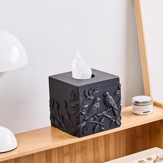 Black Marble Relief Birds Square Tissue Box Cover Decorative,Resin Heavy Sturdy Tissue Box Holder, Facial Paper Holder for Bathroom Vanity Countertop, Bedroom Night Stand,Office and End Table
