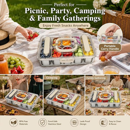 Ankou Snackle Box Container, Stainless Steel Divided Serving Tray with Lid, Handle and Forks