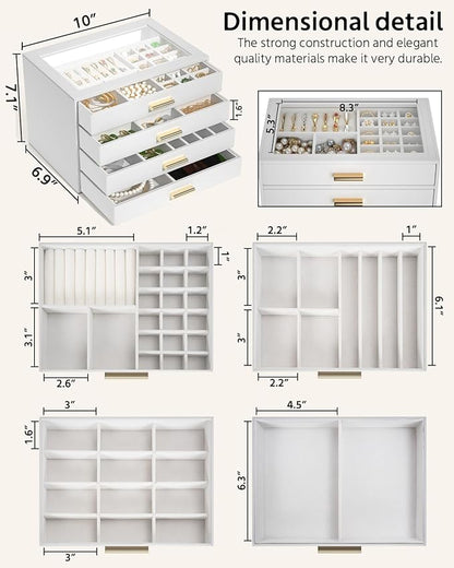 AKOZLIN Jewelry Box with Clear Lid Functional Leather Jewelry Storage Organizer Case 4 Drawers for Women Girls Necklace Ring Bracelet Earring