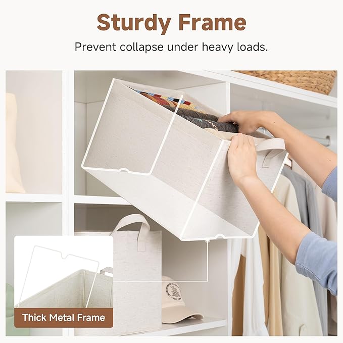 StorageWorks Storage Bins, Shelves Baskets for Organizing, Large Fabric Closet Organizers with Handles, Metal Frame, Beige?Cotton-linen?, 2-Pack