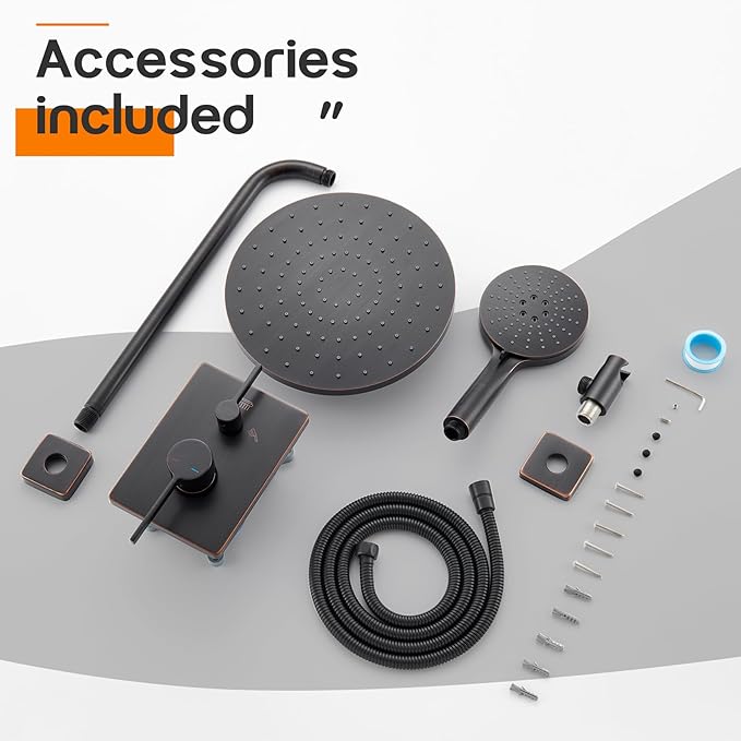 Bathroom Shower System Included Pressure Balancing Shower Mixer Valve, 10'' Rain Shower Head, 3-Setting Handheld Spray, Wall Mounted Oil-Rubbed Bronze SF001ORB-D10
