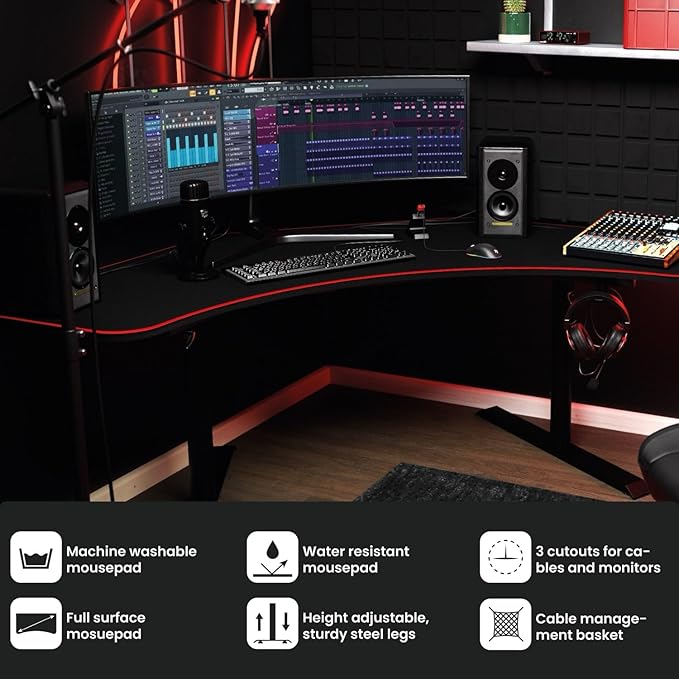 Arozzi Arena Angelo L Shaped GamingDesk, PC GamingDesk L Shape, Height Adjustable L Shaped Standing Desk for Home Office, with Full Coverage Mouse Pad (Black)