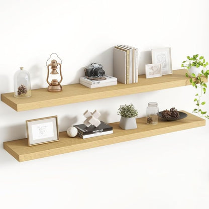 Acovy 48 Inch Floating Shelves, 8 Inch Deep Floating Shelves for Wall, Hanging Shelf with Invisible Brackets, Deep Shelves for Bathroom, Bedroom, Living Room, Oak, Set of 2