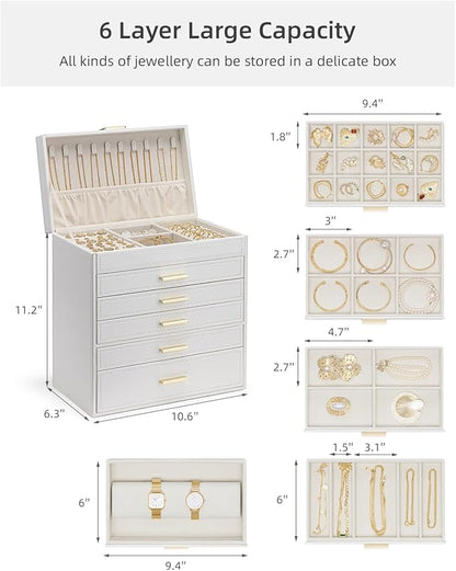 VLANDO 6 Layer Large Jewelry Box - Jewelry Holder Organizer, Jewelry Box Organizer for Drawer Necklace Ring Bracelet and Watch, Birthday Gift for Loved Ones - White