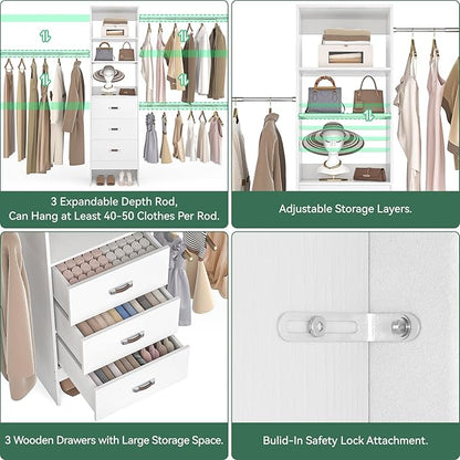 Besiost 96'' Closet Organizer System with 3 Hanging Rods, 8FT Closet Organizers and Storage with 3 Wooden Drawers, Built in Closet Organizer Systems, Adjustable Walk-in Wardrobe from 5-8FT, White