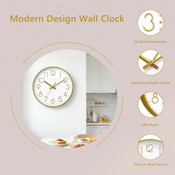 DAXSMY Wall Clock - 8 Inch Silent Non-Ticking Modern 3D Wall Clocks Battery Operated - Decorative Clock for Kitchen, Home Office, Bathroom, Bedroom(Gold)