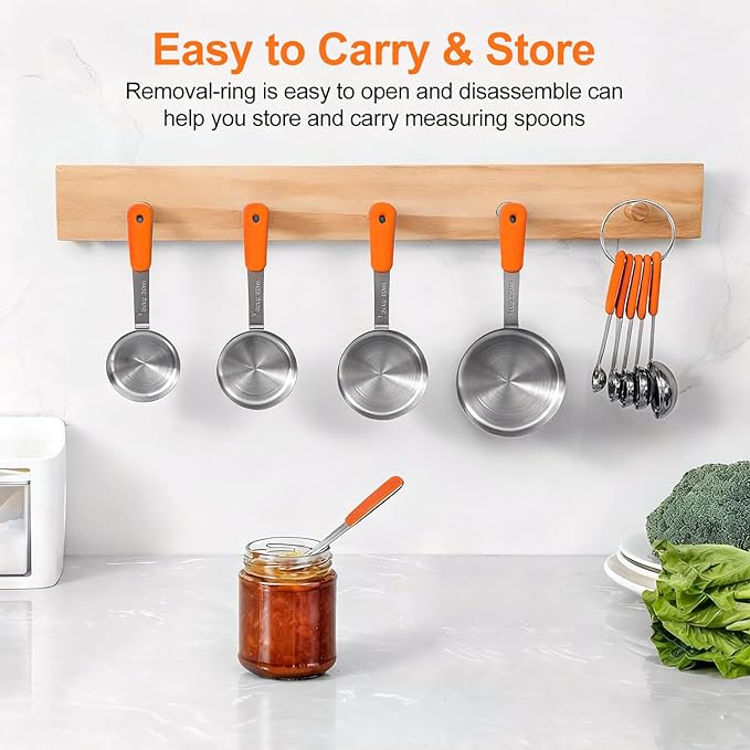 Measuring Cups and Spoons Set Stainless Steel 10 Piece for Cooking and Baking (5 Cups + 5 Spoons, Orange Handle)