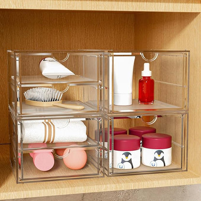 caktraie Acrylic Makeup Organizer, 4 Pack Drawer Organizer - Transparent Desktop Storage for Cosmetics, Office Supplies & More - Clear Organizers for Home & Office Use