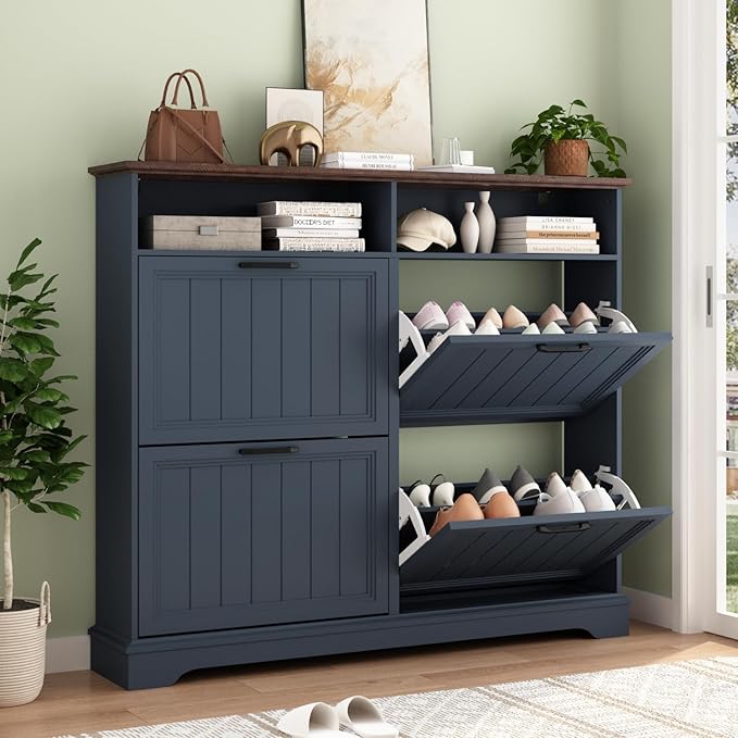 Shoe Storage Cabinet with 4 Flip Drawers, Farmhouse Modern Hidden Shoes Rack Cabinet with Adjustable Shelves & Open Storage, Narrow Slim Shoe Organizer for Front Door Entrance, Entryway, Navy Blue