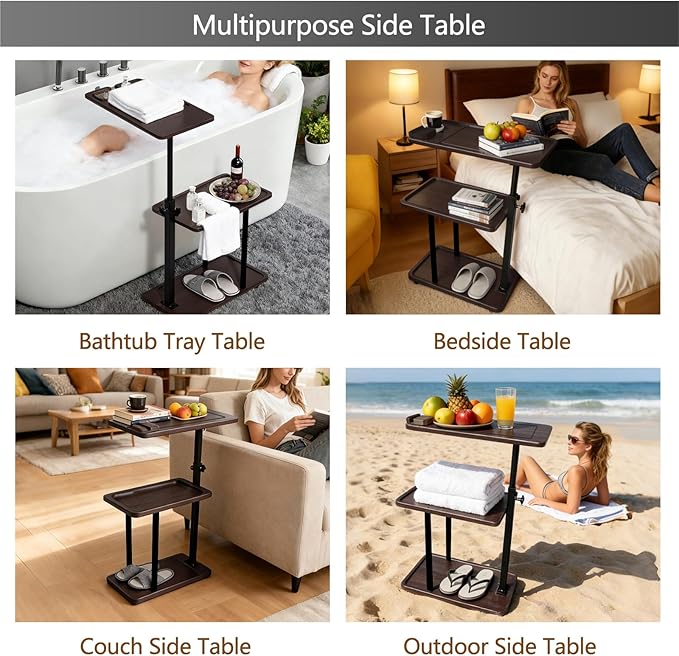 3 Layer Bathtub Tray Table,Bamboo Swivel Bathtub Side Table Height Adjustable,Freestanding Bathtub Tray for Tub Against Wall,Bathtub Accessories&Bathroom Organizer for Luxury Home Spa (Brown1)