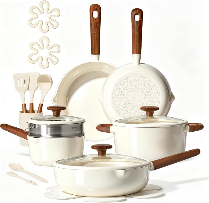 CAROTE 21pcs Cookware Set Nonstick Pots and Pans Set, Ceramic Cookware Set Induction Cookware, Non toxic Healthy Non Stick Kitchen Cooking Set, PFAS PTFE Free, White