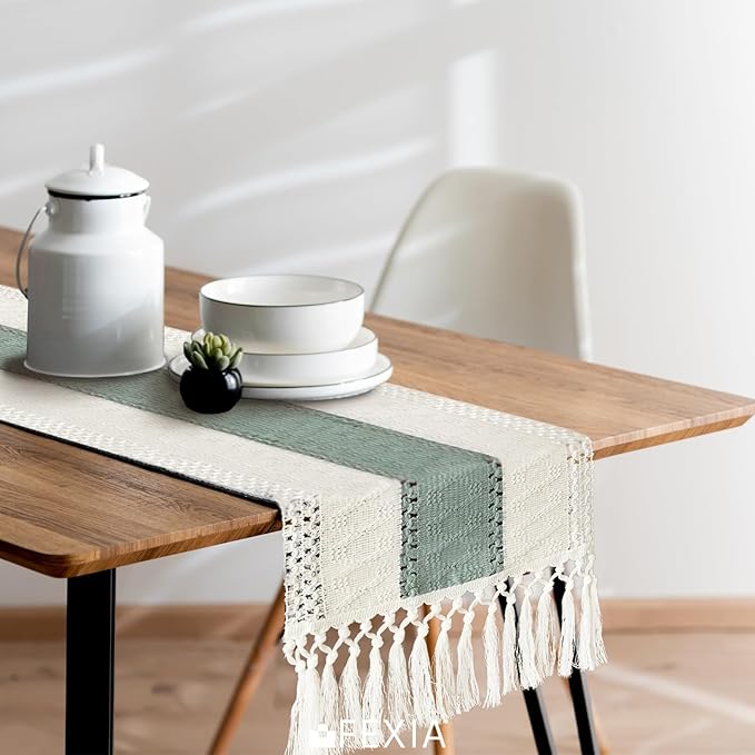 FEXIA Sage Green Table Runner 90 Inches Long with Tassels Boho for Summer Home Decor Rustic Macrame Farmhouse Table Cover for Wedding Party Bohemian Bridal Shower Dining Decorations(12x90 Inches)