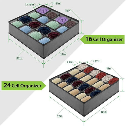 Garnen 24-Cell Drawer Organizer 4 Pack, 12x12x4 Inch Foldable Storage Box for Socks, Underwear, Bras & Ties, Closet Organizer Dividers to Maximize Dresser Drawer & Wardrobe Space, Gray