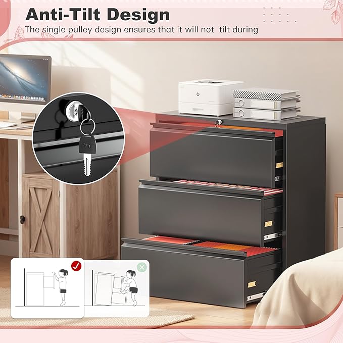 Superday Lateral File Cabinet 3 Drawer Metal File Cabinet with Lock, Black Filing Cabinets for Home Office, Locking Filing Cabinets Hanging Files Letter/Legal/F4/A4