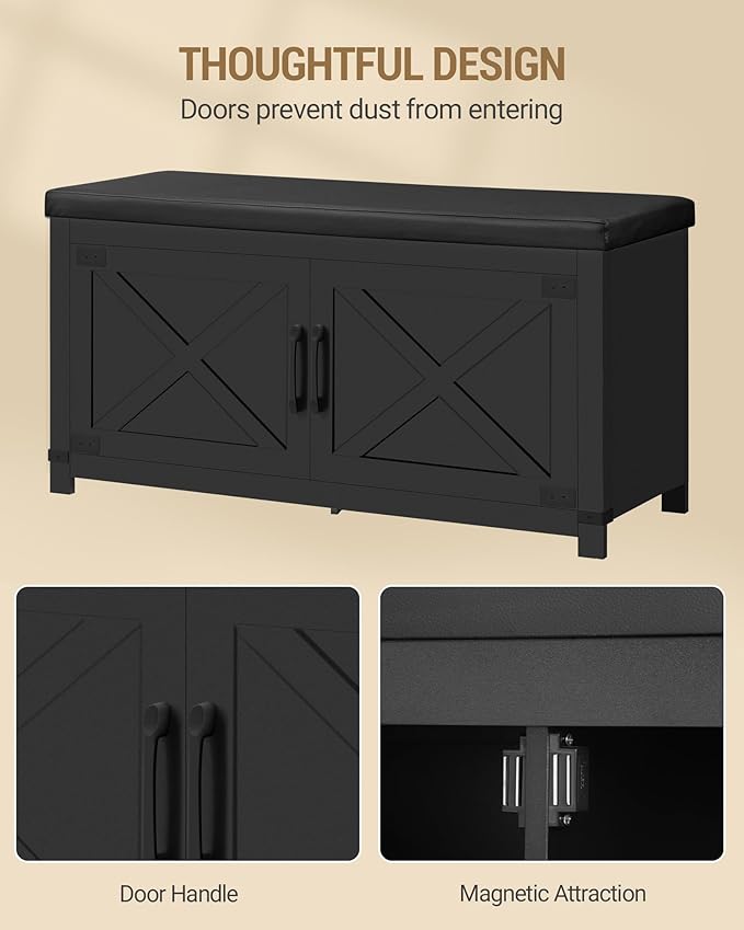Shoe Storage Bench, 2 Tier Shoe Bench with Padded Seat Cushion & 2 Barn Doors, Entryway Bench with Adjustable Shelf, Farmhouse Shoe Cabinet for Living Room, Bedroom, Black SB26606BK