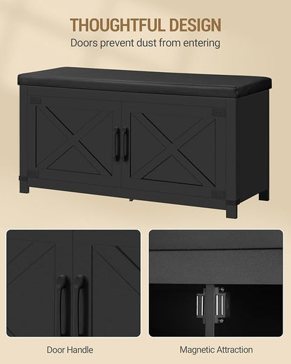 Shoe Storage Bench, 2 Tier Shoe Bench with Padded Seat Cushion & 2 Barn Doors, Entryway Bench with Adjustable Shelf, Farmhouse Shoe Cabinet for Living Room, Bedroom, Black SB26606BK