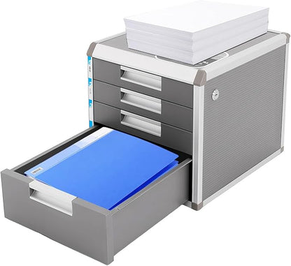 Desk Organizer with 4 Drawers, Metal Desktop Storage Cabinet File Holder with Locks and Keys, Filing Case Literature Organizer for Office Home, L12.4*D13.8*H11.7in, Silver & Grey