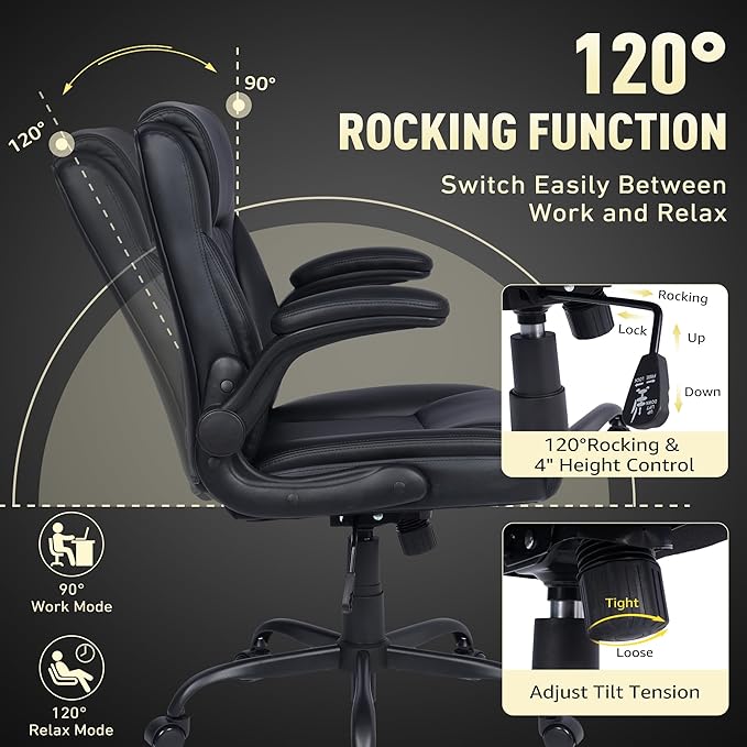Home Office Chair with Lumbar Support, 5" Thickened Seat, Small PU Leather Rocking Desk Chair, Comfy Computer Chairs with Rolling Wheels & Adjustable Armrests for Adults, Black