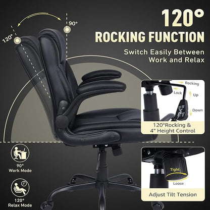 Home Office Chair with Lumbar Support, 5" Thickened Seat, Small PU Leather Rocking Desk Chair, Comfy Computer Chairs with Rolling Wheels & Adjustable Armrests for Adults, Black