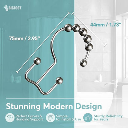 BigFoot Shower Curtain Hooks, Stainless Steel, Rust Resistant, Easy Installation & Smooth Glide, Fits Standard Shower Rods, 2 Hook Rings Hold Liners & Curtains, 12 Pieces, Nickel Color