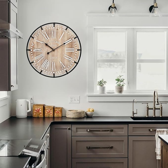 MICWIC 20 Inch Grand Farmhouse Wall Clock, Vintage-Inspired Wood & Metal Design with Large Etched Numbers, Silent Battery-Powered Timepiece for Offices, Kitchens, Bedrooms, and Living Rooms