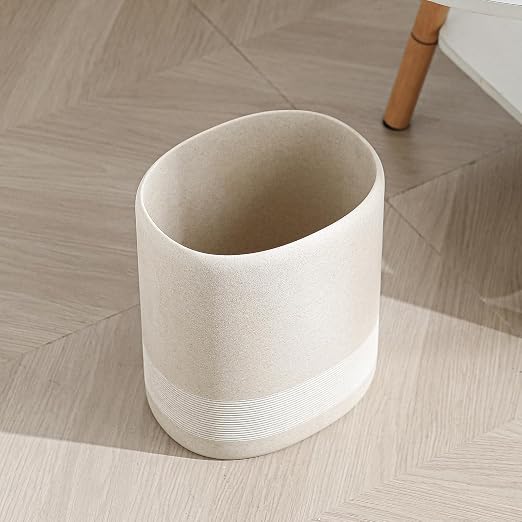 Bathroom Trash Can, 1.6 Gallon Small Trash Can Cabinet, Simple Stone Look Oval Office Garbage Bin, Decorative Waste Basket for Bedroom, Living Room, Kitchen (Beige)