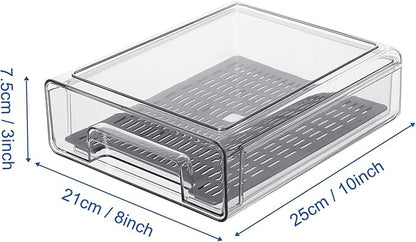 Pull Out Clear Fridge Organizer Drawers with Drainer, Refrigerator Stackable Storage Bins for Kitchen Fruit & Veggie Organization (2PCS, Medium)