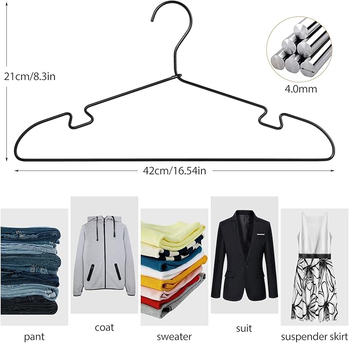 VWV 20 Pack Black Aluminum Hangers, 16.5 Inch Smooth and Durable Metal Shirt Dress Hangers, Lightweight and Sturdy Metal Hangers, Suit Jacket Dress Hangers
