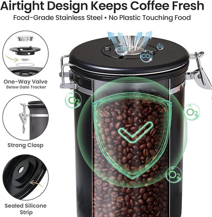 Veken Coffee Canister, 39OZ Large Christmas Coffee Lovers Gift Basket Set,Airtight Stainless Steel Food Storage Kitchen Container Gifts for 2.2lbs Beans, Ground, Sugar, Tea, Flour, Cereal, Scoop,Black