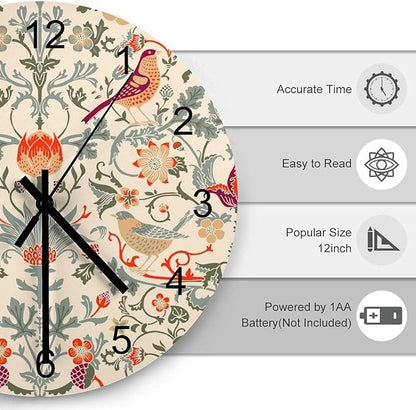 William Morris Wall Clock, Vintage Art White Rustic Floral Botanical Bird Round Clocks Wall Decor Silent No Ticking 12 Inch Wooden Clock for Bedroom Living Room Home Office