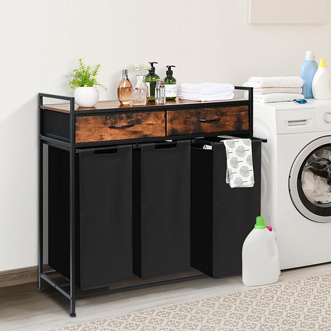 Laundry Sorter 3 Section, 180L Laundry Hamper Basket with Shelf and 2 Drawers, 3 Compartment Clothes Storage Organizer Cart, Pull-Out Removable Oxford Fabric Bags, Rustic Brown and Black