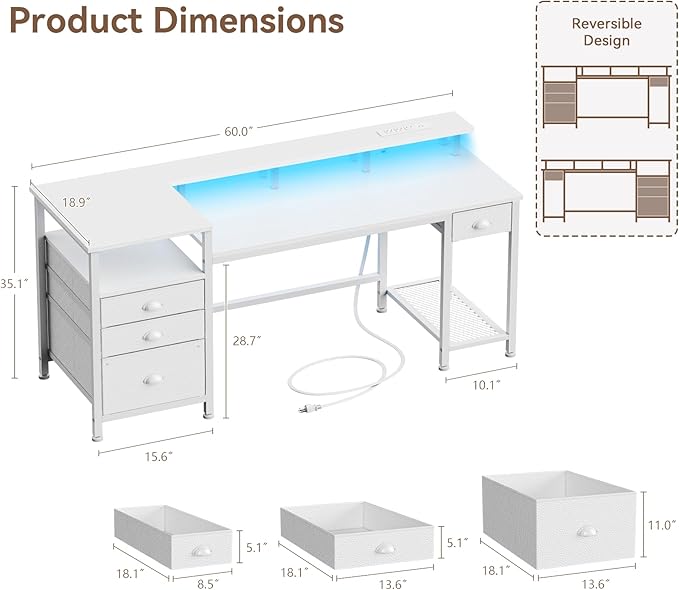 Furologee 60" White Office Computer Desk with 4 Drawers,Gaming Desk with LED Lights and Power Outlets,Long Desk with Fabric File Cabinet,Study Writing Work Table with Shelf for Bedroom Home Office