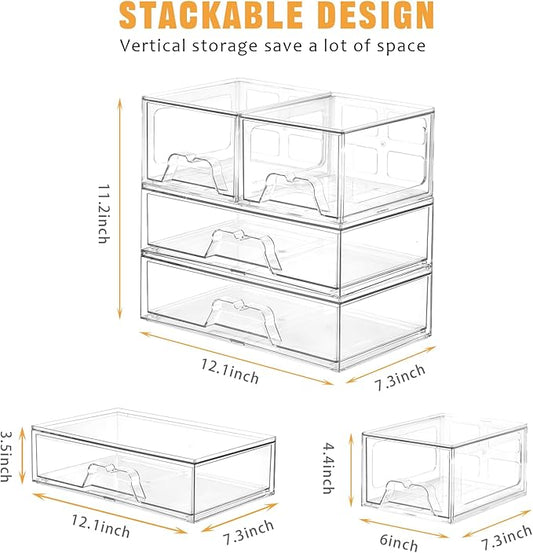 4 Pack Stackable Storage Drawers Clear Acrylic Organizer Bathroom Makeup Organizer and Storage for Beauty Supplies,Ideal for Vanity, Bathroom,Cabinet,Pantry Organization