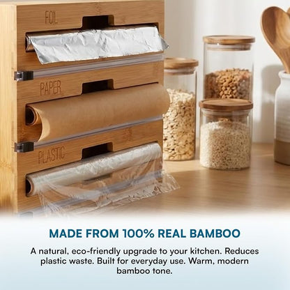 Honey Can Do 3-In-1 Bamboo Food Wrap Organizer With Safety Cutter | Plastic, Wax, Paper and Foil Holder KCH-09858 Natural