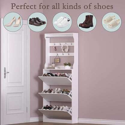 BORNOON Shoe Cabinet with 3 Flip Drawers & Coat Rack, Narrow Hidden Shoe Storage Cabinet, 2-in-1 Hall Tree Slim Freestanding Shoe Rack Organizer for Entryway, Hallway, and Living Room