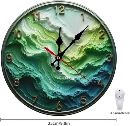 Wall Clock, Abstract Ocean Wave Non Ticking Wall Clocks Battery Operated, Teal Wooden Wall Clocks for Kitchen, Living Room, Bedroom, Office, Bathroom Decorative. 10 Inch