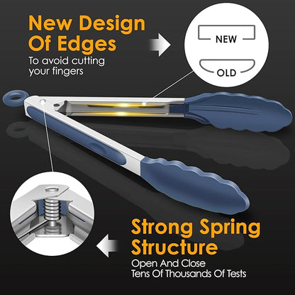 HOTEC Premium Stainless Steel Locking Kitchen Tongs with Silicon Tips, Set of 2-9" and 12",Dusty Blue