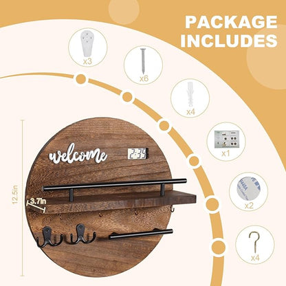 Key Holder for Wall, Key and Mail Holder Organizer with - Key Holder Wall Mount - Round Wooden Rustic Home Decor for Entryway, Mudroom, Hallway, Kitchen Office (Brown)