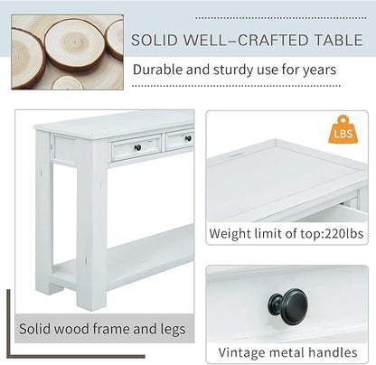 Knocbel Console Table Hallway Sofa Entryway Side Table 63" Long Furniture with 4 Drawers and Bottom Shelf for Living Room Home Decor, New Antique White