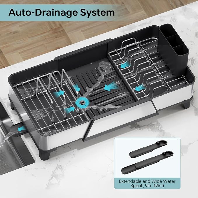 Urackify Large Dish Drying Rack - Triple Expandable Dish Rack for Kitchen Counter, Stainless Steel Sink Organization and Storage Essentials with Utensil & Pans Holder for Home and Appartment, Black