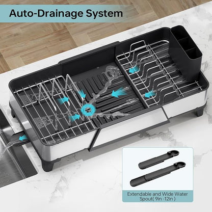 Urackify Large Dish Drying Rack - Triple Expandable Dish Rack for Kitchen Counter, Stainless Steel Sink Organization and Storage Essentials with Utensil & Pans Holder for Home and Appartment, Black