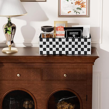 2-Pack Checker Pattern Woven Bins, 16” Ribbon Metal Wire Desk Organizer, Drawer Dresser Baskets, Countertop Toilet Paper Storage Containers (Black & White)