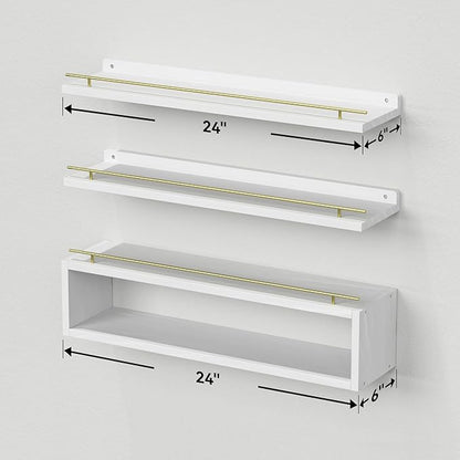 WOPITUES Floating Shelves for Wall 24 inch with Cube Shelf, Wall Shelves with Metal Rail for Decor, Bathroom Organizers and Storage, Over Toilet Shelves for Bathroom, Toilet Paper-White&Gold