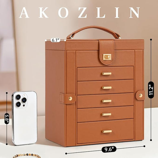 AKOZLIN 6-Tier Jewelry Box Organizer Functional 5 Drawers Leather Jewelry Storage Case for Women Girls Ring Necklace Earring Bracelet Holder Organizer with Mirror Medium Dark Orange