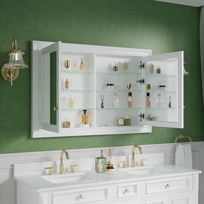 WELLFOR 48"x 32" Bathroom Medicine Cabinet with Dual Mirrors, Recessed Wood Medicine Cabinet with 6-Tier Adjustable Glass Shelves and Soft-Close Door