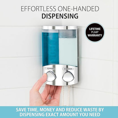 Better Living EURO Shower Dispenser Wall Mount Shower Soap Dispenser for Bathroom Hotel Body Wash, Corner or Flat Wall Shower Shampoo Dispenser, Built-in Hooks, 2 x 10.5 oz, Chrome, 2-Chamber
